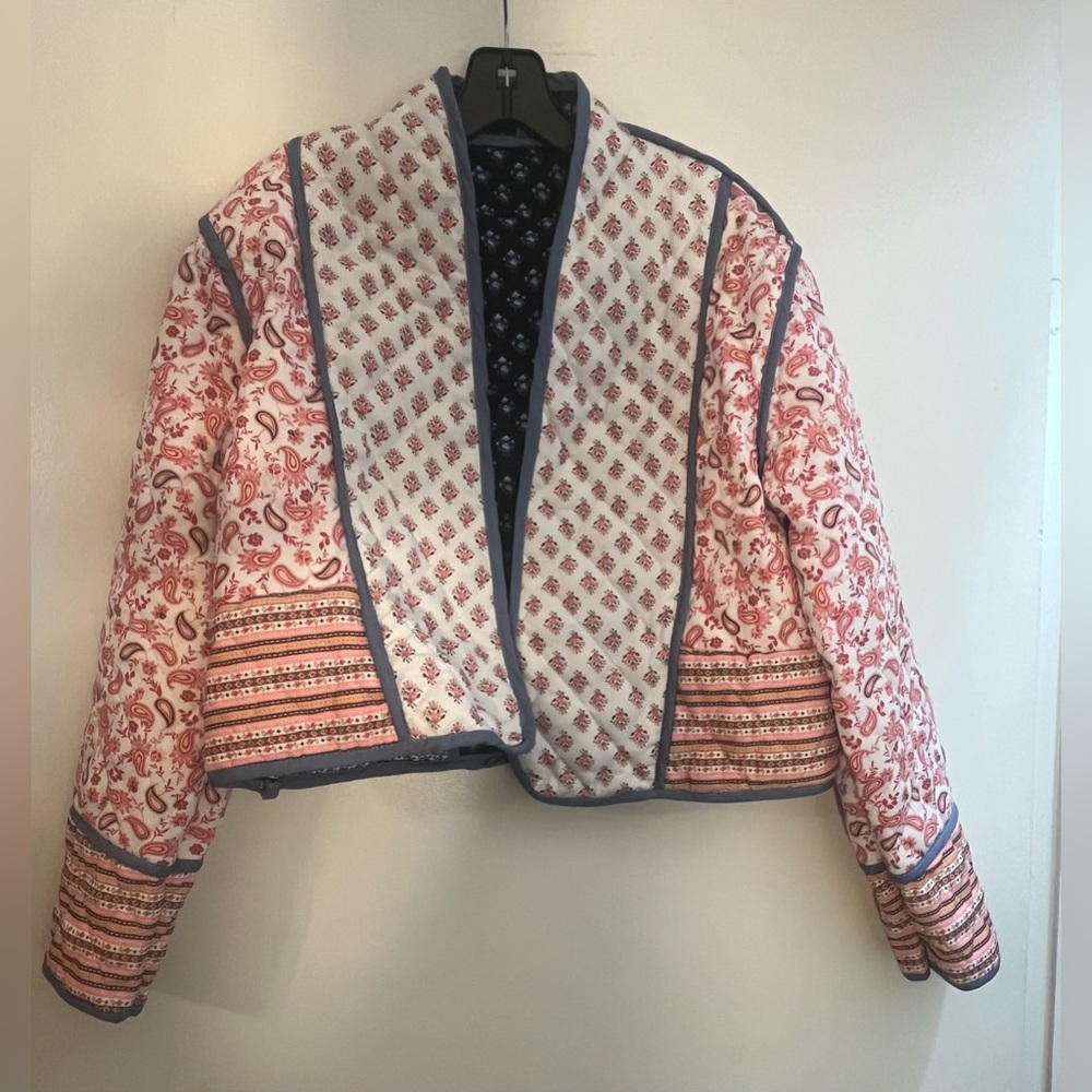 Cropped Puffer Jacket Stand Collar Floral Printed Open Front Quilted Lightweight - Picture 15 of 15